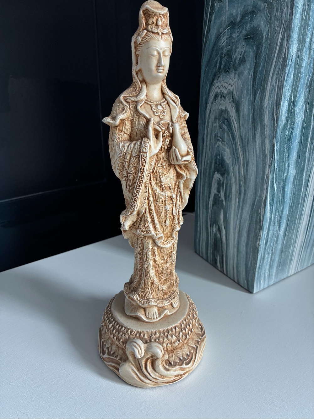 Beige Resin Kwan Yin Sculpture for Tranquil Home Accent